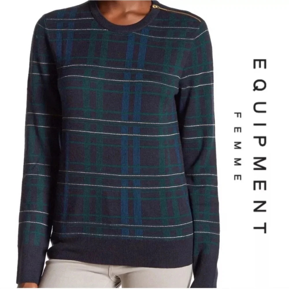 Equipment Women’s Plaid w Gold Stitching LS Zipper‎ Shoulder Wool Sweater Large
